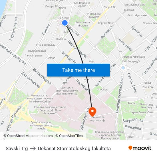 Savski Trg to Dekanat Stomatološkog fakulteta map