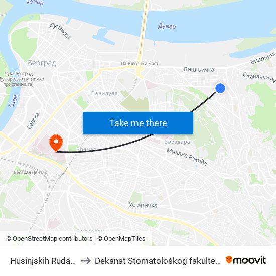 Husinjskih Rudara to Dekanat Stomatološkog fakulteta map