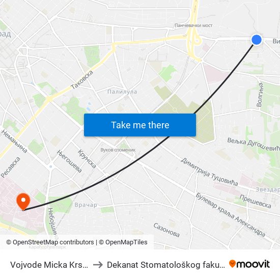 Vojvode Micka Krstića to Dekanat Stomatološkog fakulteta map