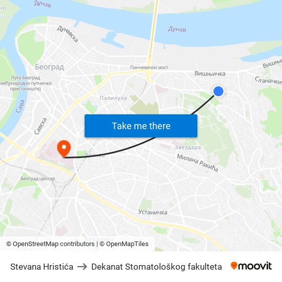 Stevana Hristića to Dekanat Stomatološkog fakulteta map