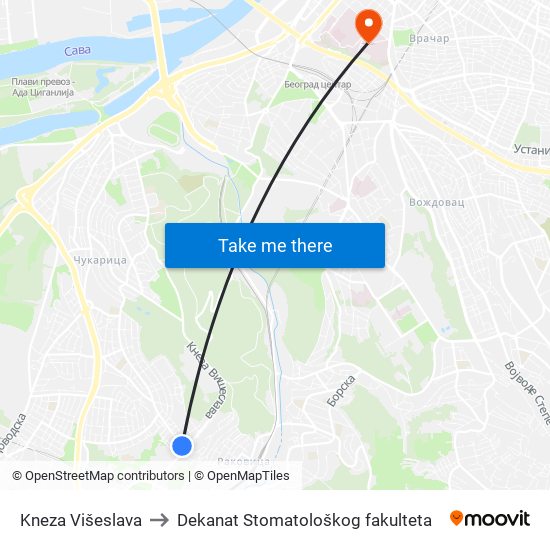 Kneza Višeslava to Dekanat Stomatološkog fakulteta map