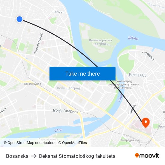 Bosanska to Dekanat Stomatološkog fakulteta map