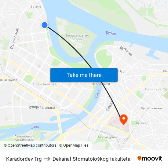 Karađorđev Trg to Dekanat Stomatološkog fakulteta map
