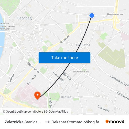 Železnička Stanica Dunav to Dekanat Stomatološkog fakulteta map