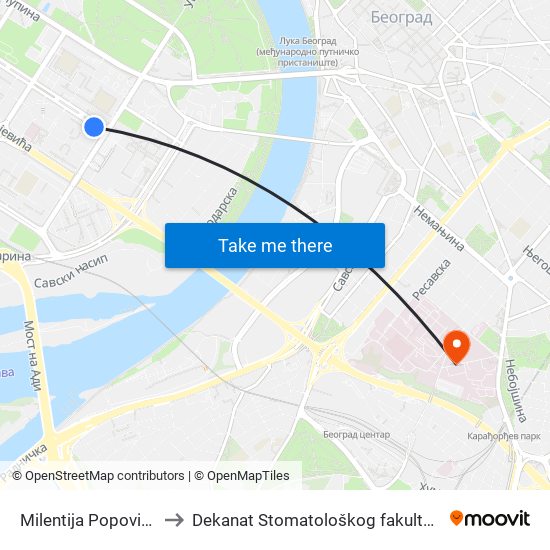 Milentija Popovića to Dekanat Stomatološkog fakulteta map