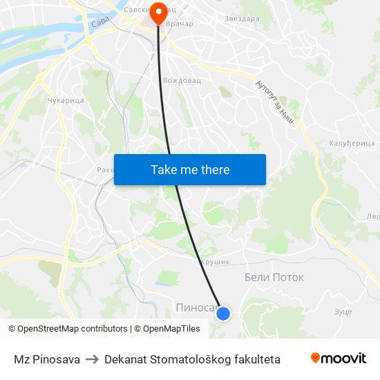 Mz Pinosava to Dekanat Stomatološkog fakulteta map