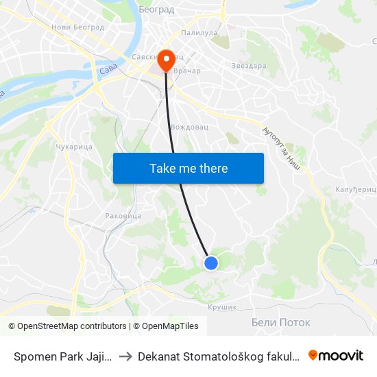 Spomen Park Jajinci to Dekanat Stomatološkog fakulteta map