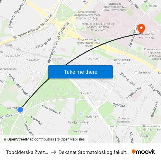 Topčiderska Zvezda to Dekanat Stomatološkog fakulteta map
