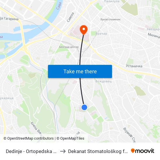 Dedinje - Ortopedska Bolnica to Dekanat Stomatološkog fakulteta map