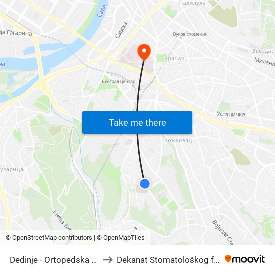 Dedinje - Ortopedska Bolnica to Dekanat Stomatološkog fakulteta map