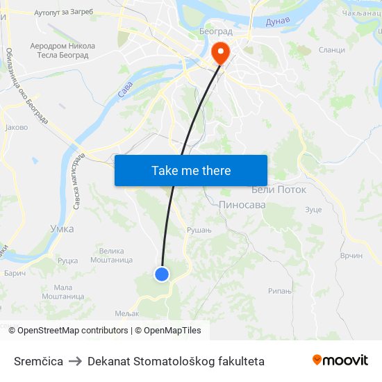 Sremčica to Dekanat Stomatološkog fakulteta map