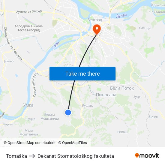 Tomaška to Dekanat Stomatološkog fakulteta map