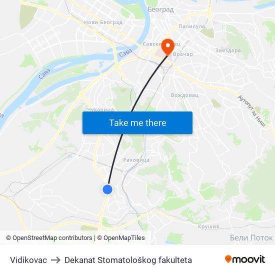 Vidikovac to Dekanat Stomatološkog fakulteta map