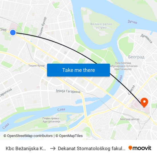 Kbc Bežanijska Kosa to Dekanat Stomatološkog fakulteta map