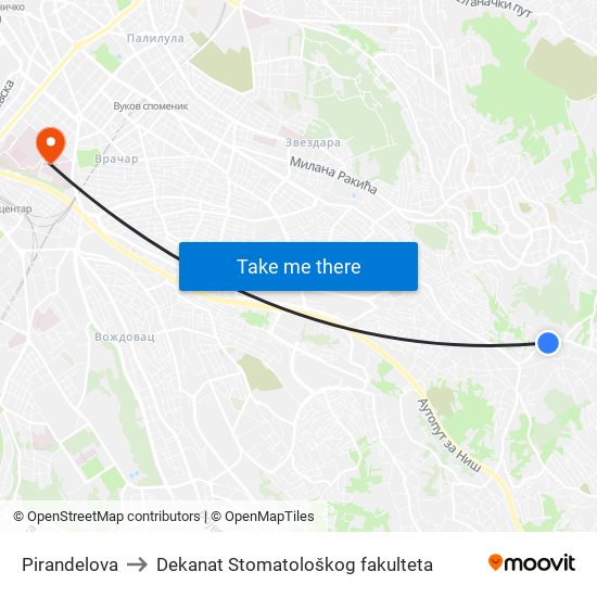 Pirandelova to Dekanat Stomatološkog fakulteta map