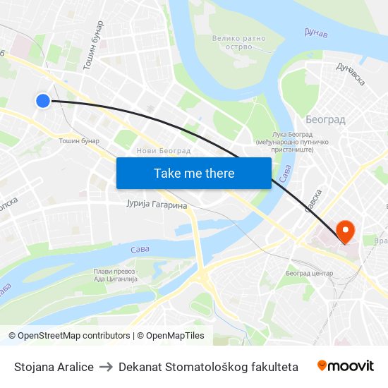 Stojana Aralice to Dekanat Stomatološkog fakulteta map