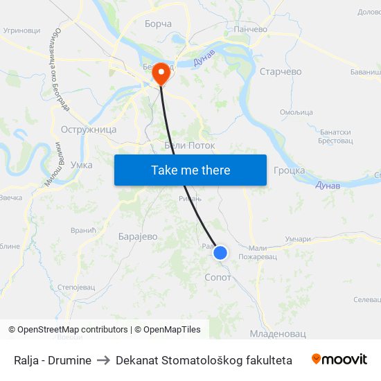 Ralja - Drumine to Dekanat Stomatološkog fakulteta map