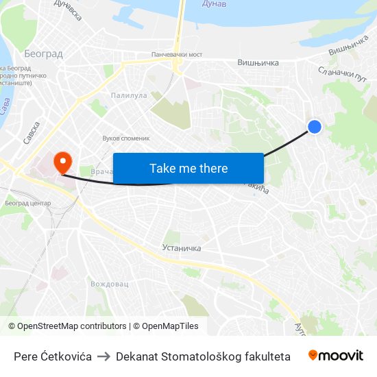 Pere Ćetkovića to Dekanat Stomatološkog fakulteta map