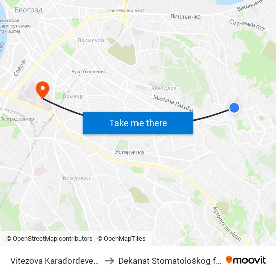 Vitezova Karađorđeve Zvezde to Dekanat Stomatološkog fakulteta map