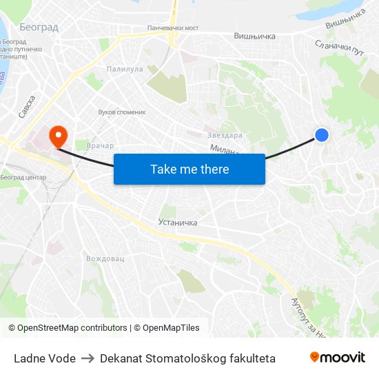 Ladne Vode to Dekanat Stomatološkog fakulteta map