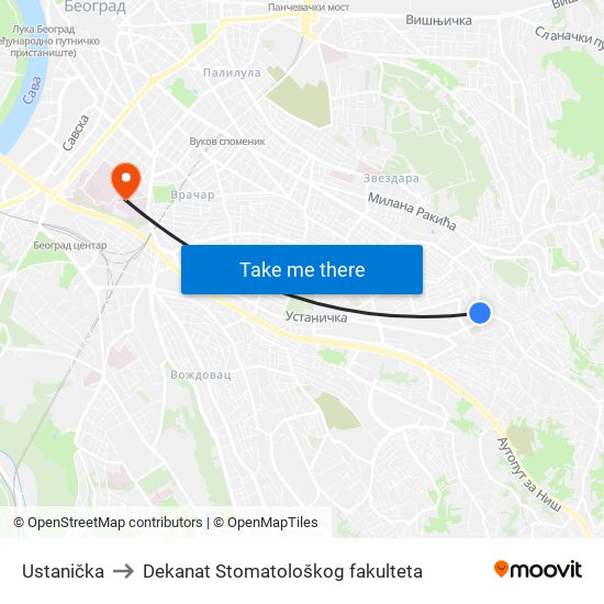 Ustanička to Dekanat Stomatološkog fakulteta map