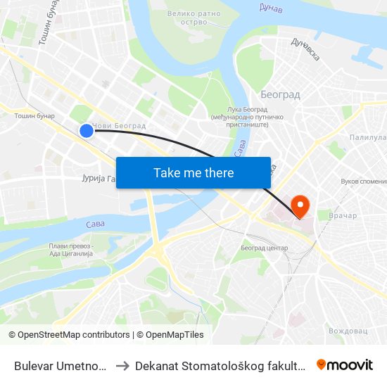 Bulevar Umetnosti to Dekanat Stomatološkog fakulteta map