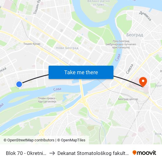 Blok 70 - Okretnica to Dekanat Stomatološkog fakulteta map