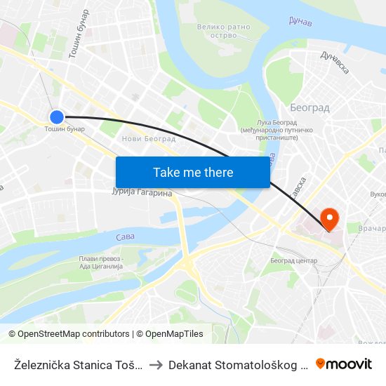 Železnička Stanica Tošin Bunar to Dekanat Stomatološkog fakulteta map