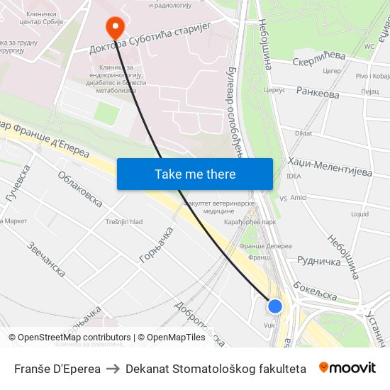 Franše D'Eperea to Dekanat Stomatološkog fakulteta map