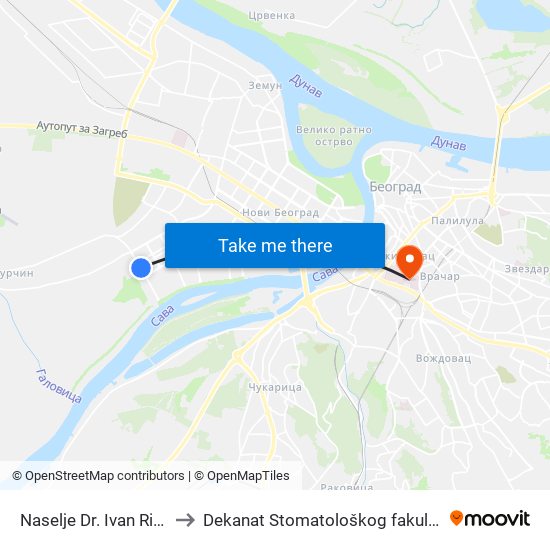 Naselje Dr. Ivan Ribar to Dekanat Stomatološkog fakulteta map