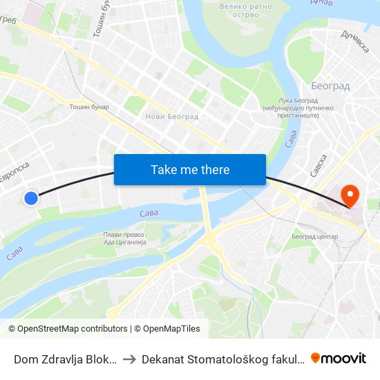 Dom Zdravlja Blok 44 to Dekanat Stomatološkog fakulteta map