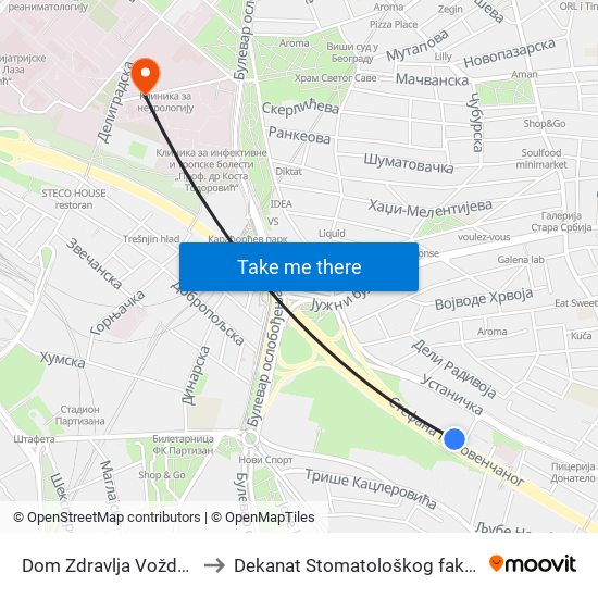 Dom Zdravlja Voždovac to Dekanat Stomatološkog fakulteta map