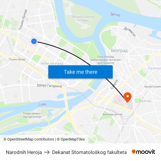 Narodnih Heroja to Dekanat Stomatološkog fakulteta map