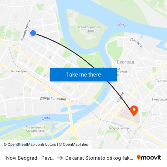 Novi Beograd - Paviljoni to Dekanat Stomatološkog fakulteta map