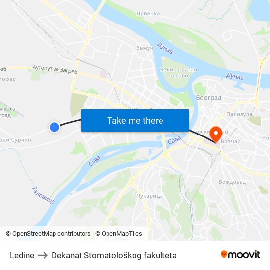 Ledine to Dekanat Stomatološkog fakulteta map