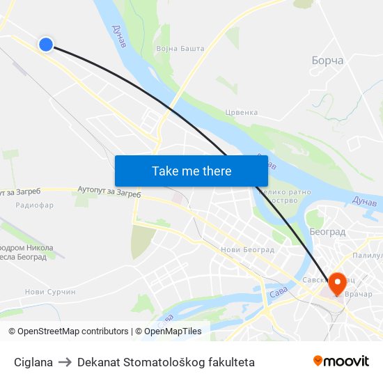 Ciglana to Dekanat Stomatološkog fakulteta map