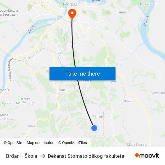 Brđani - Škola to Dekanat Stomatološkog fakulteta map