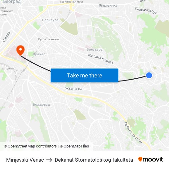 Mirijevski Venac to Dekanat Stomatološkog fakulteta map