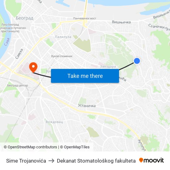 Sime Trojanovića to Dekanat Stomatološkog fakulteta map