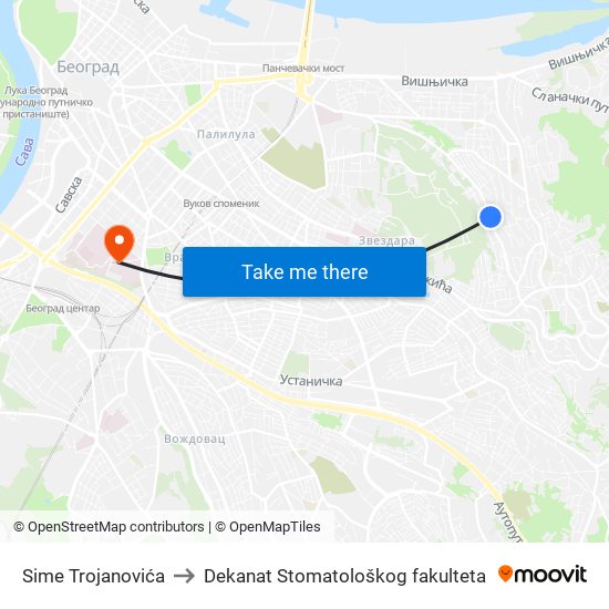 Sime Trojanovića to Dekanat Stomatološkog fakulteta map