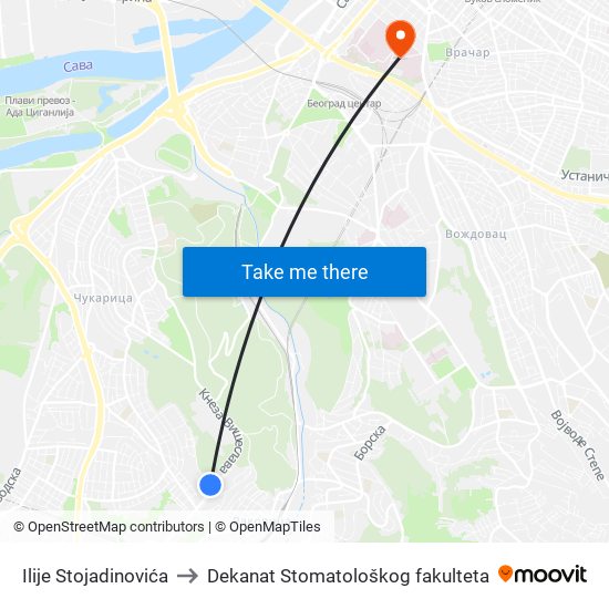 Ilije Stojadinovića to Dekanat Stomatološkog fakulteta map