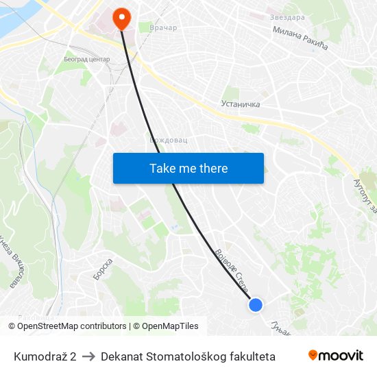 Kumodraž 2 to Dekanat Stomatološkog fakulteta map