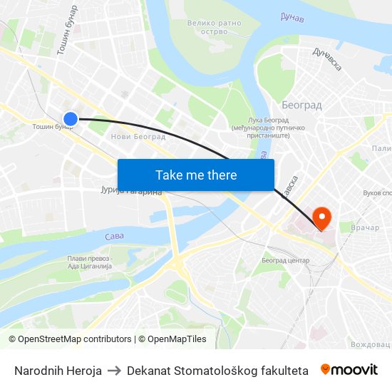 Narodnih Heroja to Dekanat Stomatološkog fakulteta map