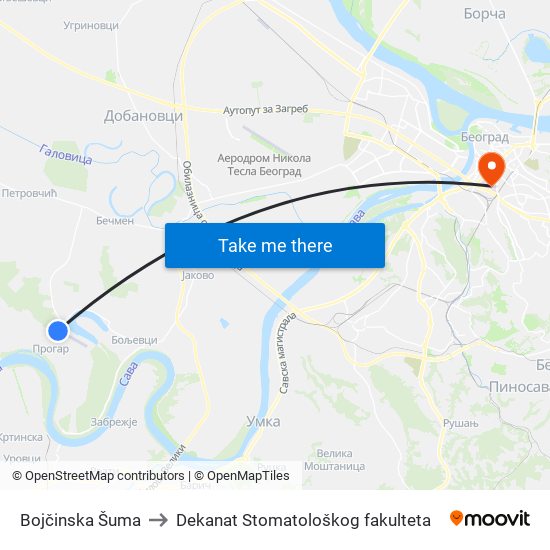 Bojčinska Šuma to Dekanat Stomatološkog fakulteta map