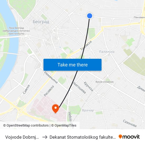 Vojvode Dobrnjca to Dekanat Stomatološkog fakulteta map