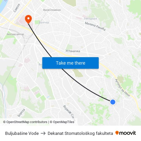 Buljubašine Vode to Dekanat Stomatološkog fakulteta map