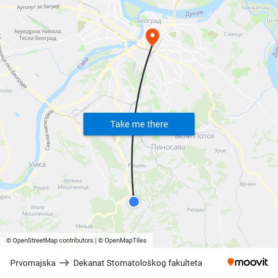 Prvomajska to Dekanat Stomatološkog fakulteta map