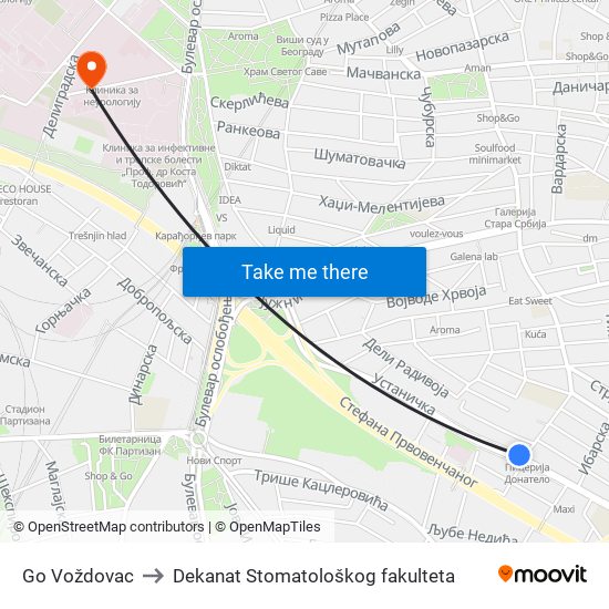 Go Voždovac to Dekanat Stomatološkog fakulteta map