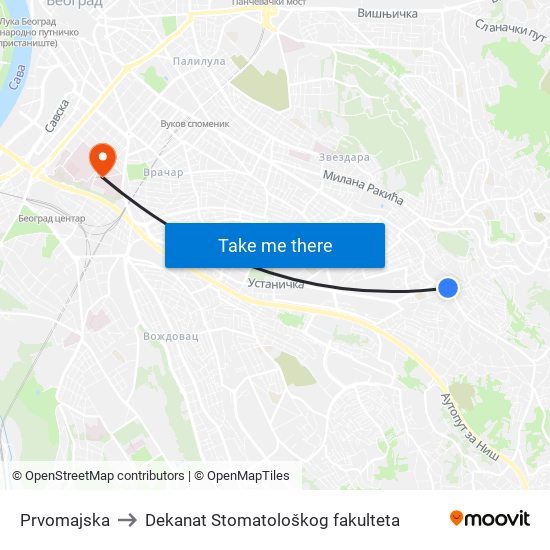 Prvomajska to Dekanat Stomatološkog fakulteta map