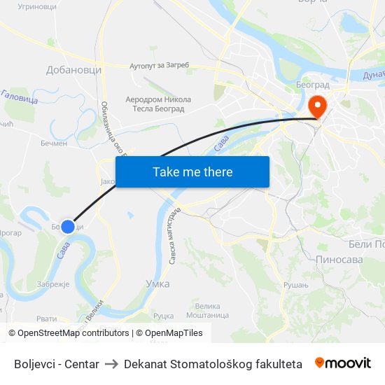 Boljevci - Centar to Dekanat Stomatološkog fakulteta map